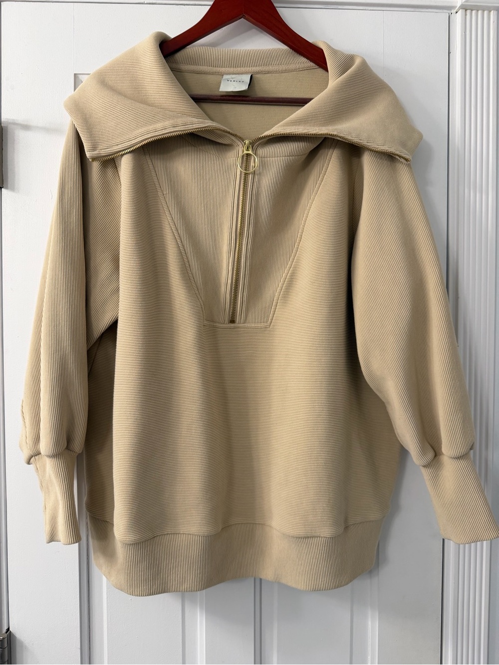 Varley Beige Rib-Knit Sweatshirt with Zip Collar